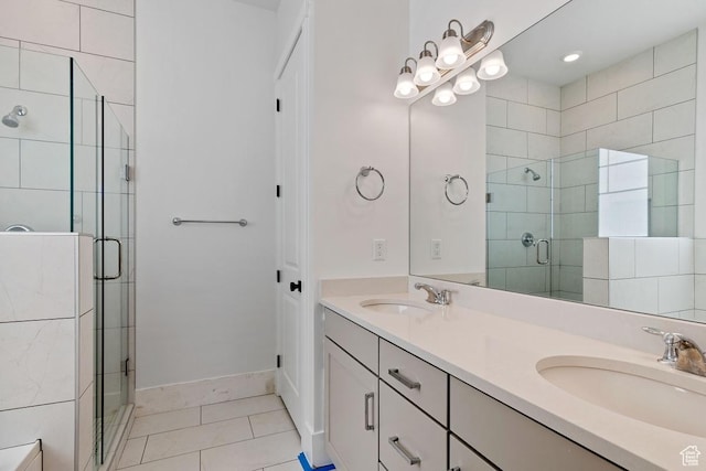 5648 S Adobe Sun Dr, St George, UT 84790 - full bathroom featuring a sink, tile patterned floors, a shower stall, and double vanity