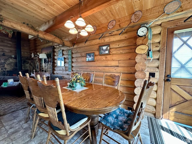 2947 S Chukar Dr, Garden City, UT 84028 - dining space with a wooden ceiling with exposed beams, a wood stove, a chandelier, and log walls