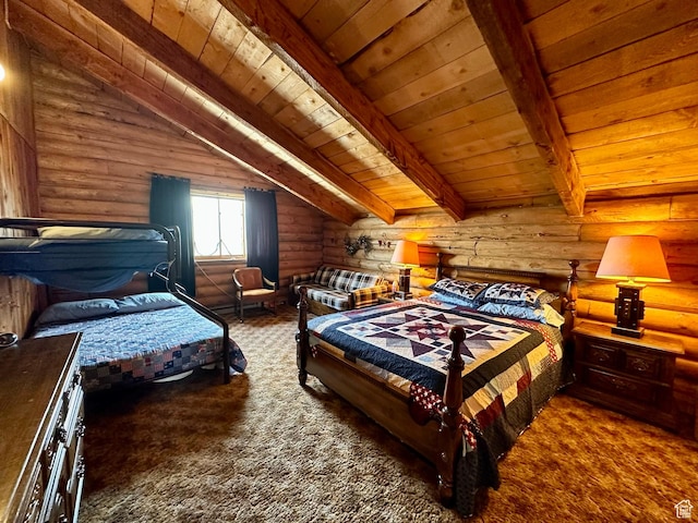 2947 S Chukar Dr, Garden City, UT 84028 - carpeted bedroom with rustic walls and wooden ceiling
