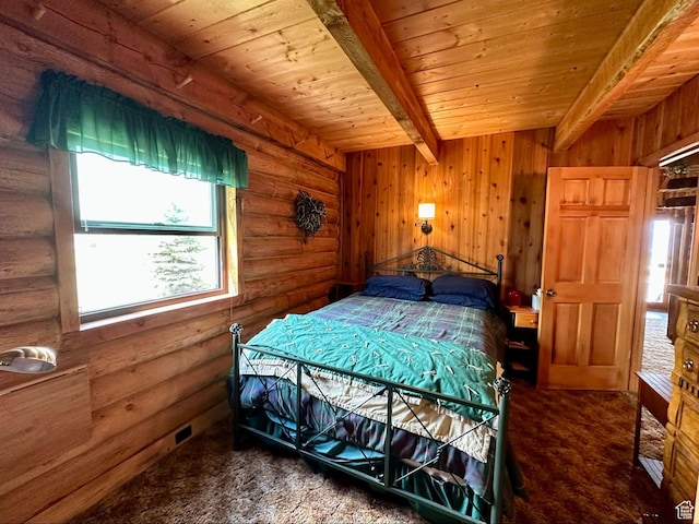 2947 S Chukar Dr, Garden City, UT 84028 - carpeted bedroom with a wooden ceiling with exposed beams and rustic walls