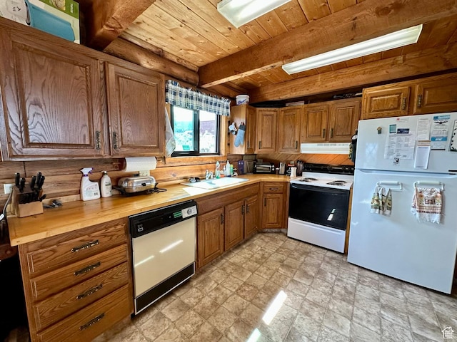 2947 S Chukar Dr, Garden City, UT 84028 - kitchen with white appliances, under cabinet range hood, brown cabinetry, a wooden ceiling with exposed beams, and butcher block counters