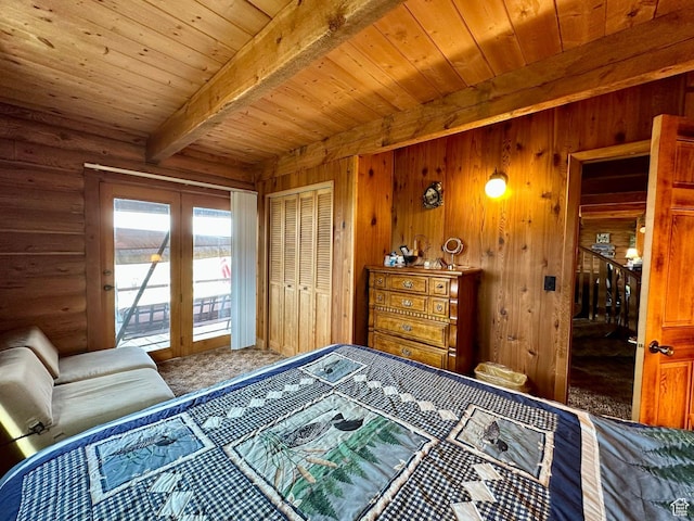 2947 S Chukar Dr, Garden City, UT 84028 - bedroom featuring french doors, a wooden ceiling with exposed beams, carpet floors, access to outside, and wooden walls