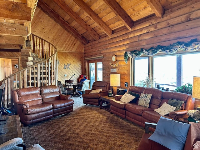 2947 S Chukar Dr, Garden City, UT 84028 - living area featuring wooden ceiling, carpet flooring, and rustic walls