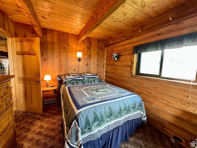 2947 S Chukar Dr, Garden City, UT 84028 - bedroom with dark carpet, a wooden ceiling with exposed beams, and log walls