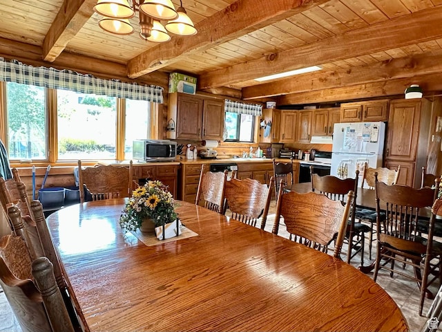 2947 S Chukar Dr, Garden City, UT 84028 - dining room featuring a wood ceiling with exposed beams and a chandelier