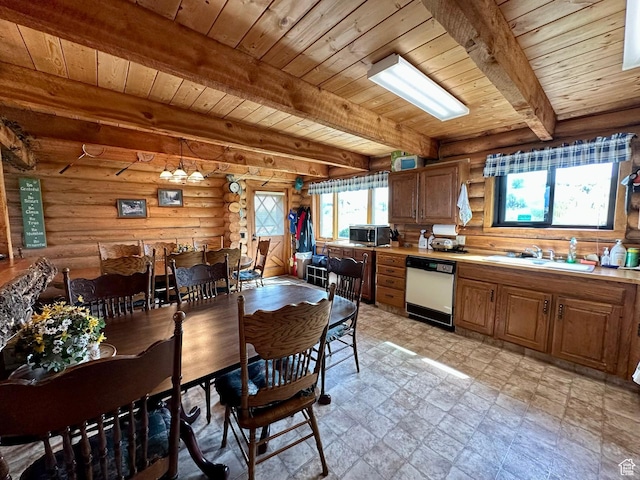 2947 S Chukar Dr, Garden City, UT 84028 - kitchen featuring white dishwasher, a wood ceiling with exposed beams, plenty of natural light, rustic walls, and light flooring