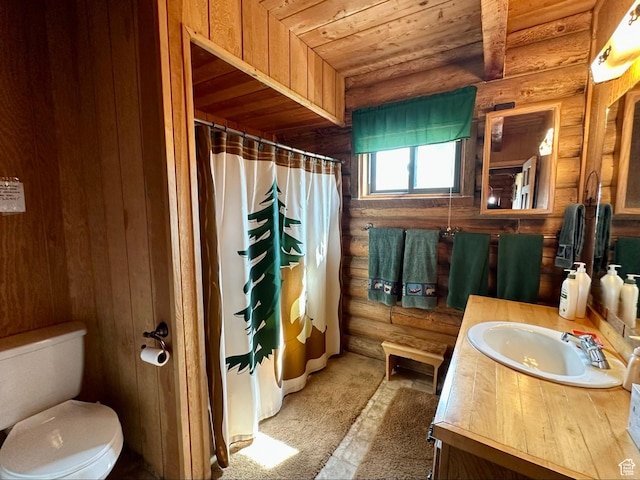 2947 S Chukar Dr, Garden City, UT 84028 - full bath featuring rustic walls, vanity, wood ceiling, and a shower with curtain