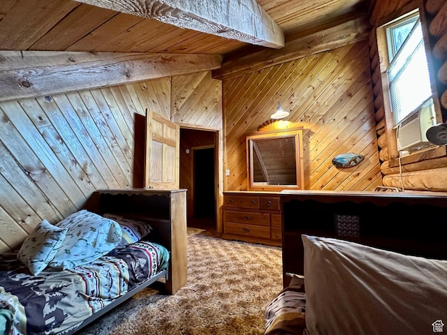 2947 S Chukar Dr, Garden City, UT 84028 - carpeted bedroom with wooden walls, cooling unit, and a wooden ceiling with exposed beams
