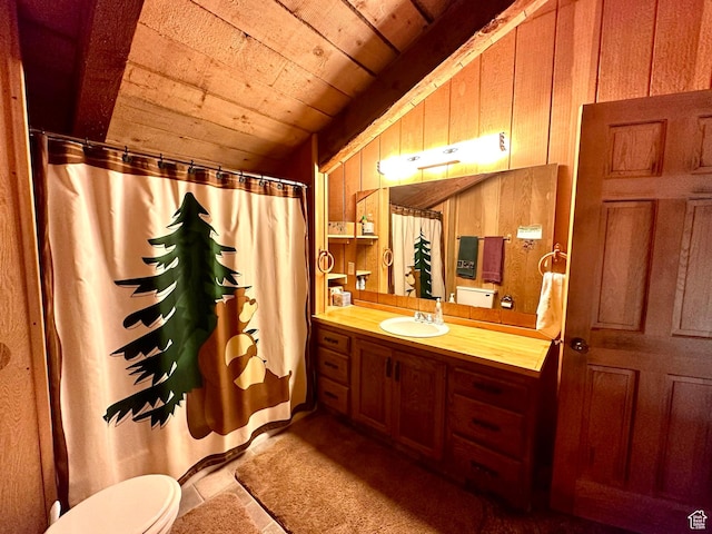 2947 S Chukar Dr, Garden City, UT 84028 - full bath with wood ceiling, wooden walls, vanity, vaulted ceiling, and curtained shower