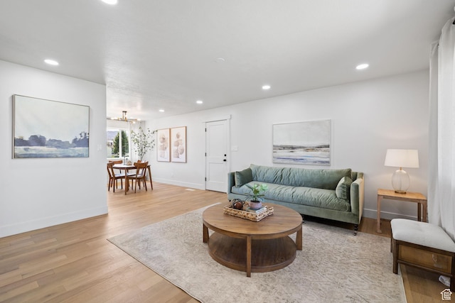 205 S Highland Dr, Santaquin, UT 84655 - living room featuring baseboards, light wood-type flooring, a chandelier, and recessed lighting