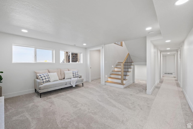 205 S Highland Dr, Santaquin, UT 84655 - living area featuring carpet flooring, recessed lighting, visible vents, and stairs