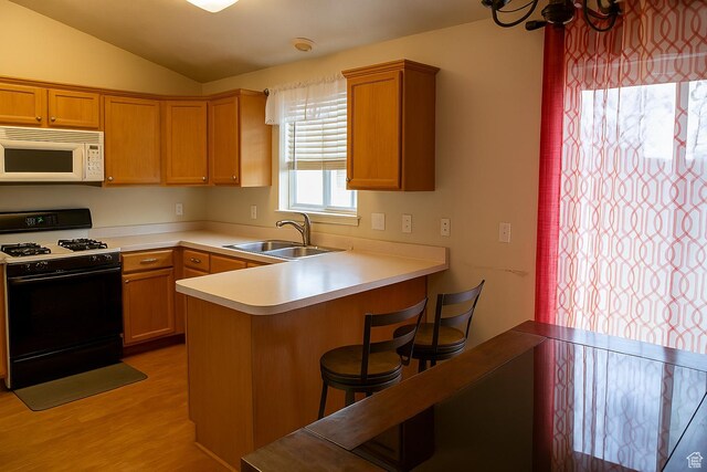 4345 S Long Valley Dr W, West Valley City, UT 84128 - kitchen featuring white microwave, light countertops, gas range, light wood-style floors, and a sink