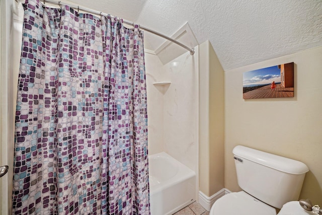 full bathroom with shower / bath combination with curtain, toilet, tile patterned flooring, and a textured ceiling
