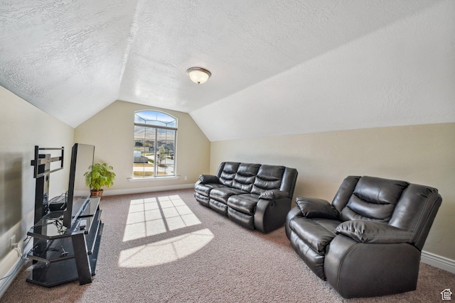 living room with carpet floors, baseboards, vaulted ceiling, and a textured ceiling