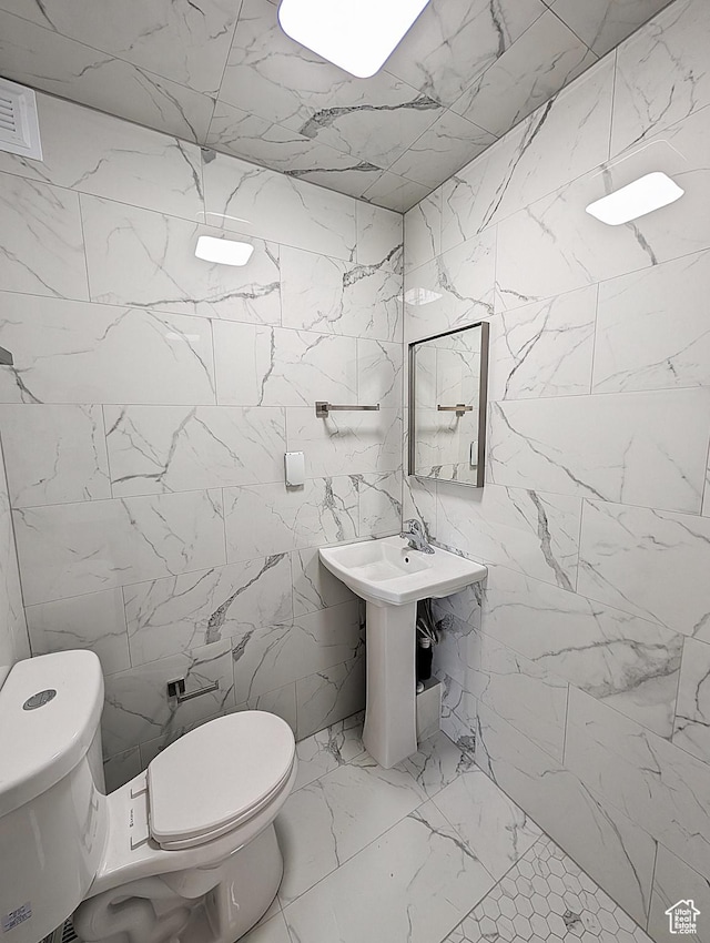 bathroom with toilet, marble finish floor, and a sink