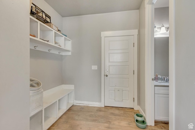 9452 S Alane Hollow Rd W, West Jordan, UT 84081 - mudroom featuring baseboards, light wood-type flooring, and a sink