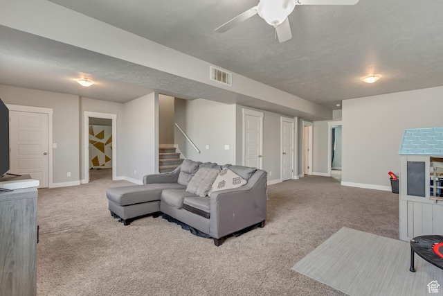 9452 S Alane Hollow Rd W, West Jordan, UT 84081 - living room featuring stairs, ceiling fan, baseboards, and carpet floors