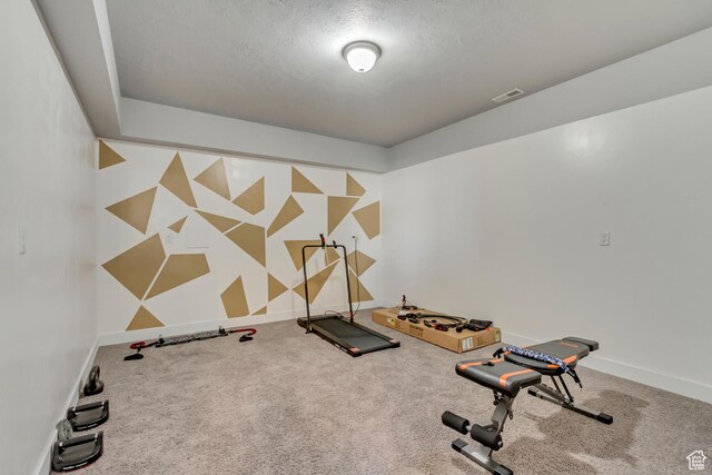 9452 S Alane Hollow Rd W, West Jordan, UT 84081 - workout room featuring visible vents, baseboards, a textured ceiling, and carpet floors
