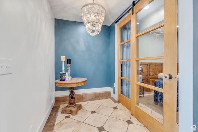 996 W 1340 N, Orem, UT 84057 - doorway to outside with a chandelier, tile patterned floors, a barn door, and baseboards