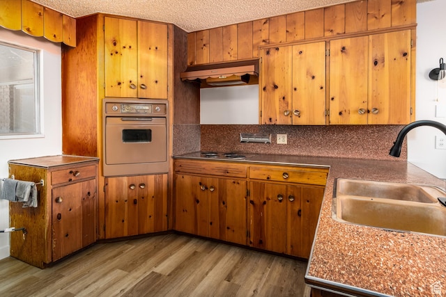 1520 Rushton St, Ogden, UT 84401 - kitchen with decorative backsplash, oven, under cabinet range hood, a sink, and light wood finished floors