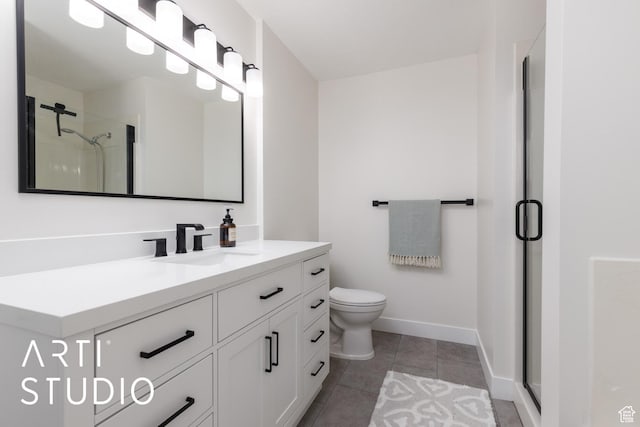 379 E 100 S, Kaysville, UT 84037 - bathroom featuring a stall shower, baseboards, toilet, tile patterned floors, and vanity
