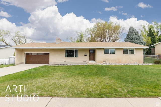 379 E 100 S, Kaysville, UT 84037 - ranch-style house featuring brick siding, fence, a garage, a front yard, and concrete driveway