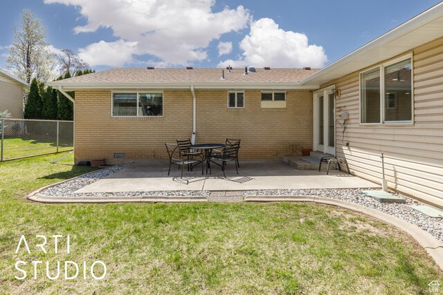 379 E 100 S, Kaysville, UT 84037 - rear view of house featuring a patio area, a yard, brick siding, roof with shingles, and fence
