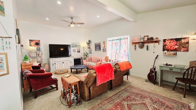 1018 N 3500 W, Vernal, UT 84078 - living room featuring light colored carpet, a ceiling fan, beam ceiling, and recessed lighting