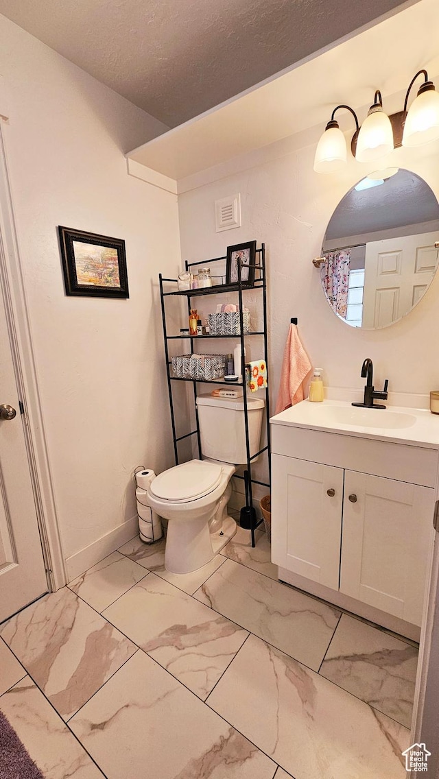 1018 N 3500 W, Vernal, UT 84078 - half bathroom featuring vanity, a textured ceiling, toilet, visible vents, and marble finish floor