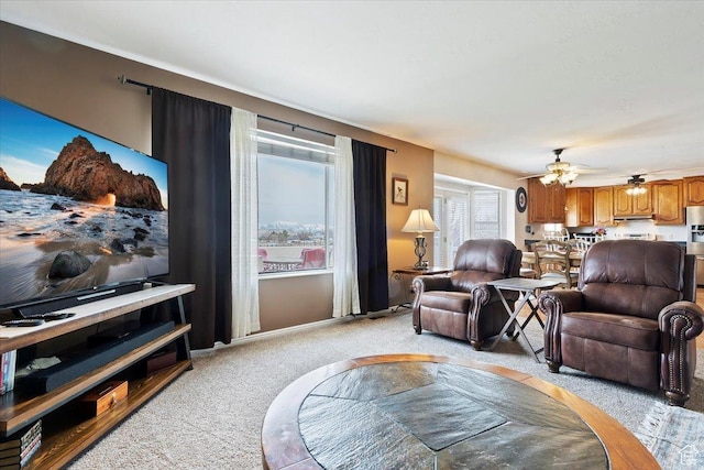 14883 S 3200 W, Bluffdale, UT 84065 - living area featuring baseboards, light colored carpet, and a ceiling fan