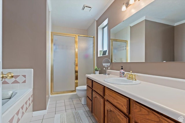 14883 S 3200 W, Bluffdale, UT 84065 - full bathroom featuring vanity, ornamental molding, toilet, a shower stall, and visible vents