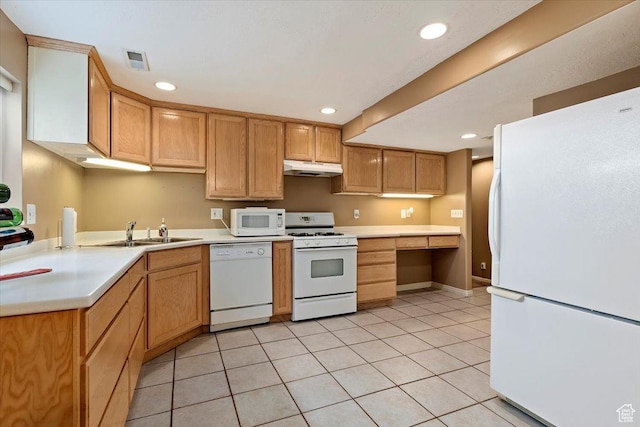14883 S 3200 W, Bluffdale, UT 84065 - kitchen with white appliances, visible vents, under cabinet range hood, light countertops, and a sink