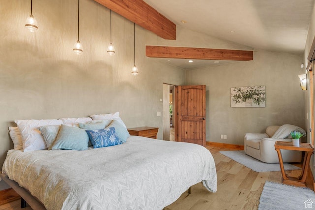 10129 N Basin Canyon Rd, Park City, UT 84098 - bedroom with recessed lighting, light wood-type flooring, and vaulted ceiling with beams