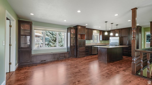 kitchen featuring dark brown cabinets, a healthy amount of sunlight, and stainless steel appliances