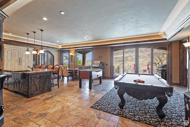 13879 S Standing Oak Dr E, Draper, UT 84020 - game room with a tray ceiling, stone tile floors, pool table, and recessed lighting