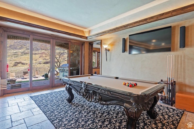 13879 S Standing Oak Dr E, Draper, UT 84020 - recreation room featuring a raised ceiling, billiards, and stone tile flooring