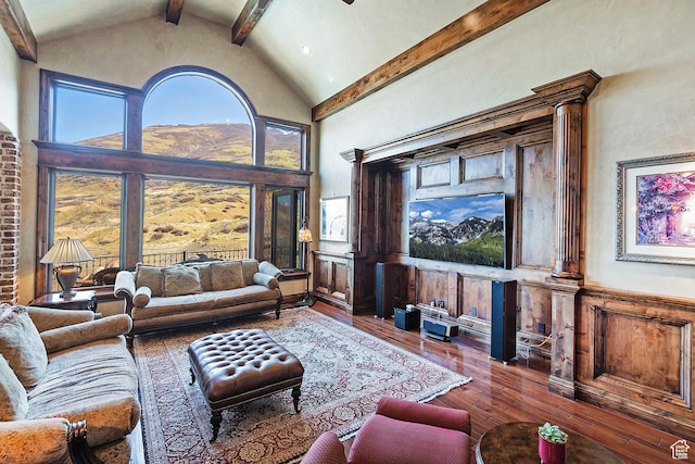 13879 S Standing Oak Dr E, Draper, UT 84020 - living room featuring beamed ceiling, high vaulted ceiling, and hardwood / wood-style flooring