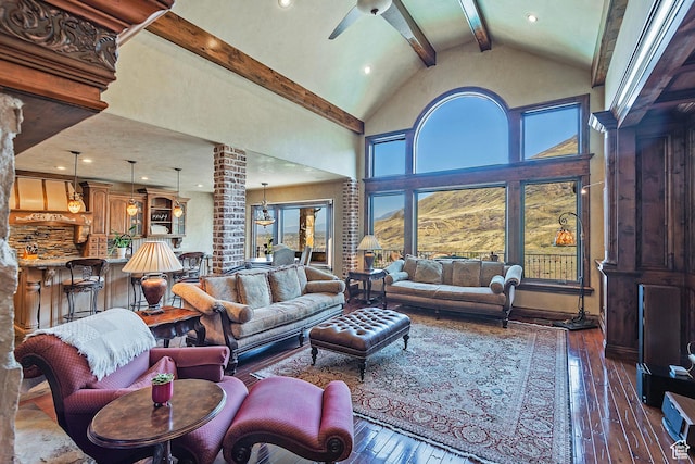 13879 S Standing Oak Dr E, Draper, UT 84020 - living area featuring high vaulted ceiling, wood-type flooring, a ceiling fan, and beam ceiling