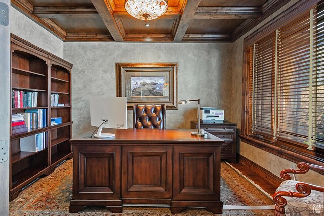 13879 S Standing Oak Dr E, Draper, UT 84020 - home office with baseboards, beam ceiling, coffered ceiling, wooden ceiling, and wood finished floors