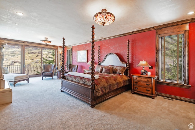 13879 S Standing Oak Dr E, Draper, UT 84020 - carpeted bedroom with access to exterior, multiple windows, visible vents, and recessed lighting