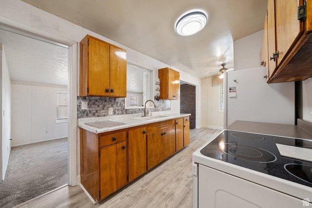 kitchen with a sink, ceiling fan, white appliances, light wood-style floors, and brown cabinets