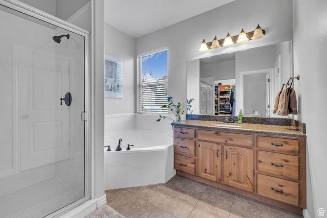 888 W 2800 N, Pleasant Grove, UT 84062 - bathroom with a shower stall, a bath, a closet, vanity, and tile patterned flooring