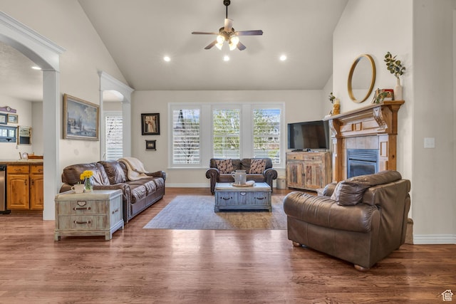 888 W 2800 N, Pleasant Grove, UT 84062 - living room featuring arched walkways, a ceiling fan, recessed lighting, wood finished floors, and high vaulted ceiling