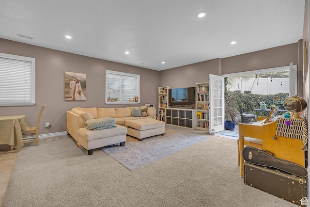 888 W 2800 N, Pleasant Grove, UT 84062 - carpeted living area featuring visible vents, baseboards, and recessed lighting