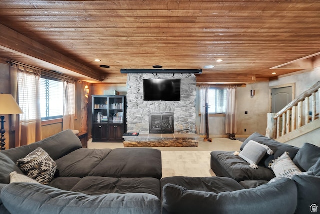 4100 Buck Way Unit 1947, Heber City, UT 84032 - living room featuring a fireplace, wood ceiling, recessed lighting, wood finished floors, and stairs