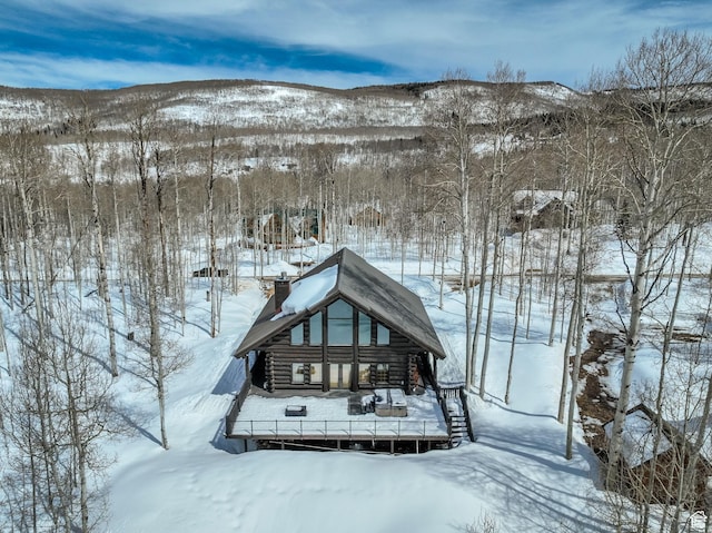 4100 Buck Way Unit 1947, Heber City, UT 84032 - snow covered back of property featuring log siding, a chimney, and a mountain view