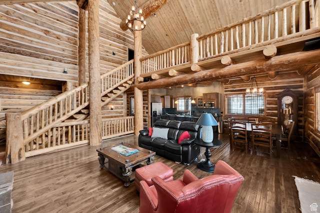 4100 Buck Way Unit 1947, Heber City, UT 84032 - living area with a notable chandelier, rustic walls, wood ceiling, wood-type flooring, and high vaulted ceiling