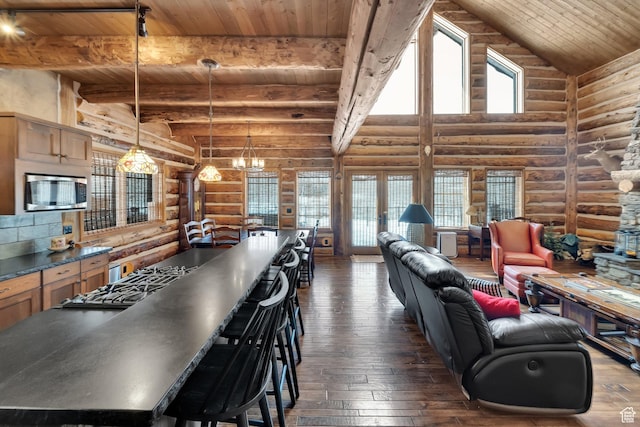 4100 Buck Way Unit 1947, Heber City, UT 84032 - living area featuring wooden ceiling, rustic walls, dark wood finished floors, beamed ceiling, and a towering ceiling