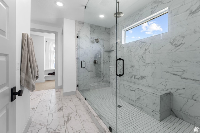 3248 S Forest Ave, Saratoga Springs, UT 84045 - full bathroom featuring recessed lighting, marble finish floor, baseboards, and a stall shower