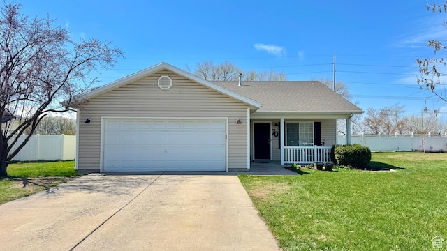 view of front of house with a front yard, a porch, a garage, fence, and concrete driveway